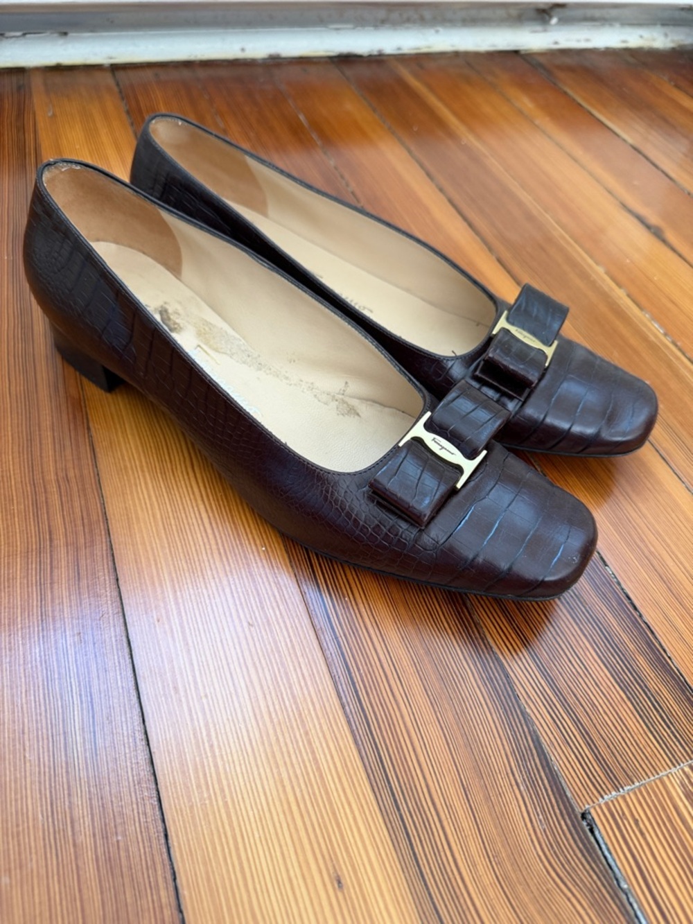 Salvatore Ferragamo Dark Brown Croc-Embossed Low Heel Pumps with Gold Buckle